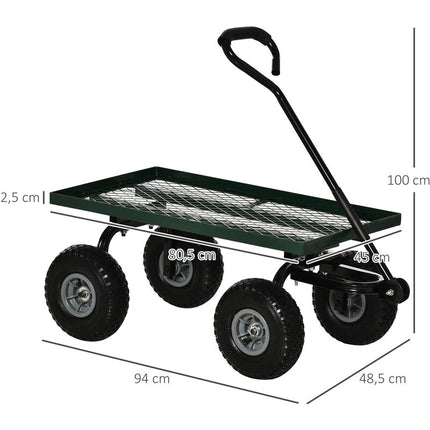 Chariot de transport jardin remorque à main charrette à bras 4 roues 94L x 48,5l x 100H cm charge max. 150 Kg métal vert