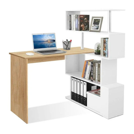 Bureau informatique avec étagère de 4 niveaux contemporaine - multi-rangements, Blanc&Naturel - Mondeer