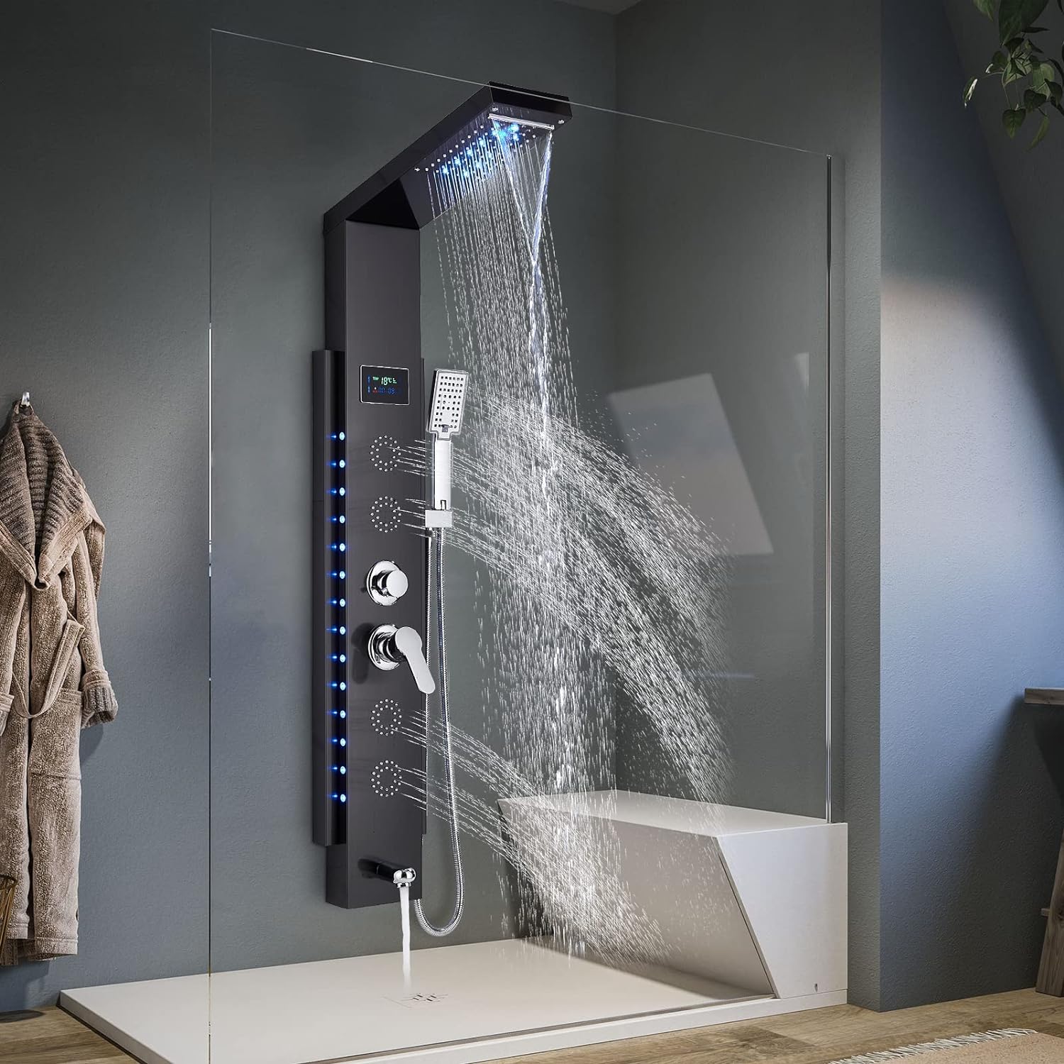 Système de panneau de douche pluie à LED, baignoire, centre commercial  d'eau, robinet, massage SPA, écran de température, noir, brossé - AliExpress